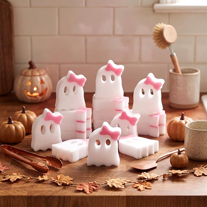 Tioncy 12 Pack Halloween Ghost Kitchen Sponges, White, Pink | Dual Sided Scrubber, Gothic Halloween Decor, Reusable Non Scratch Dishwashing, for Cookware Pot Boiler Pan Household