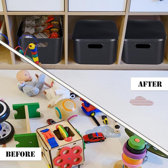Hoolerry 8 Pack Storage Bins, 13.8 X 9.8 X 5.9 Inch Black | Plastic Stackable Containers with Lid Handle, For Shelves Desktop Playroom Office, Organizing Toys Books Supplies Storage