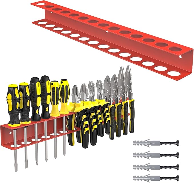 Screwdriver Plier Organizer Wall Mount,16" Screwdriver Holder,Red | 14 Holes Plier Holder,Heavy Duty Metal,Easy Install,Screw Organizer for Garage,Workshop,Workbench,Tool Chest,Space Saving