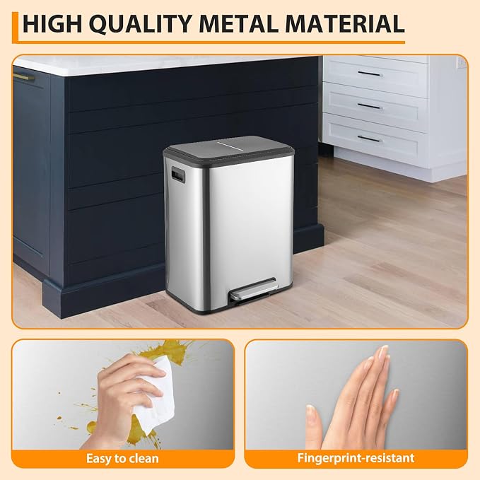 IDEALHOUSE 2 x 4 Gal (2 x 15L) Kitchen Dual Trash Can, 30 Liter Stainless Steel Recycling Bin, Removable Inner Bin and Soft Close Lid, Garbage Can for Home, Office, Business - Silver