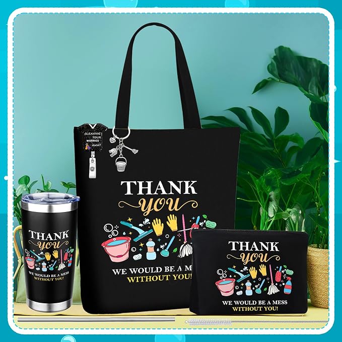 5 Pcs Housekeeping Appreciation Gifts for Women Housekeeping Week Gifts | 20oz Tumbler Mug Canvas Bag Cosmetic Bag Keychains Badge Holder Housekeeping Week Gifts for Cleaning Lady Housekeepers