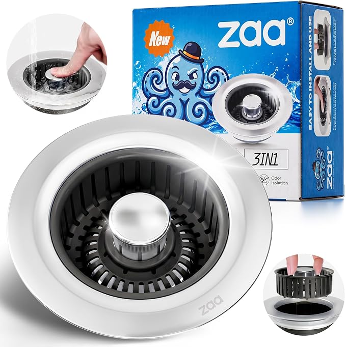 zaa 3 in 1 Kitchen Sink Drain Strainer Stopper Removable Basket Pop-Up | Kitchen Sink Accessories 1 Pack Black Stainless - Food Catcher, Odor-Blocking Seal, Fits 3.5" Drain, Easy Clean