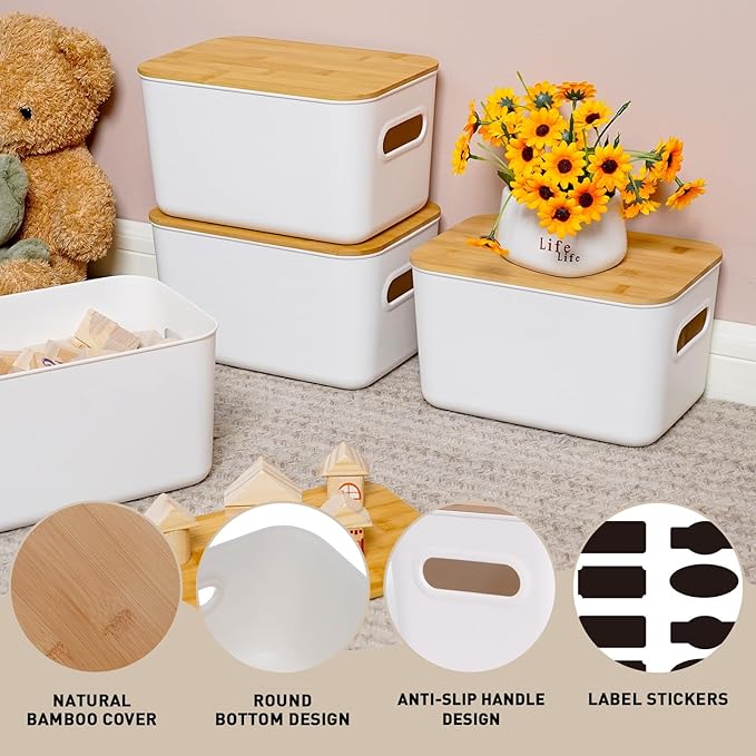 Citylife 7 QT Storage Bins with Bamboo Lids, Stackable with Handles, 4-Pack | Small Plastic Storage Bins with Lids for Toys, Desk Supplies, Snacks, Shelves, and Organizing Small Household Items