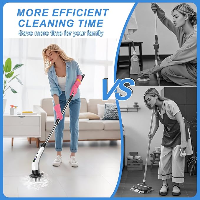 Electric Spin Scrubber with Power LCD Display, Cordless Bathroom Cleaning Brush with Adjustable Extension Handle, 400RPM/Mins, 9 Replaceable Brush Heads, IPX7 Waterproof for Shower, Bathtub, Tile