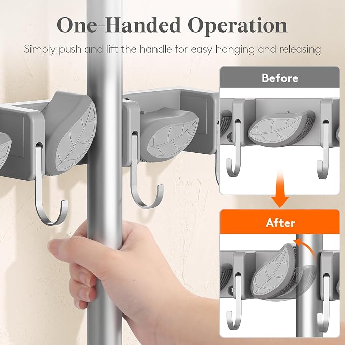 Lifewit Mop and Broom Holder Organizer Wall Mount Non-Slip, 2 Pack, Gray | Easy Install One Handed Push Cleaning Tool Hanger with 6 Hooks 5 Slots, Heavy Duty Hanging Utility Rack for Garden, Garage