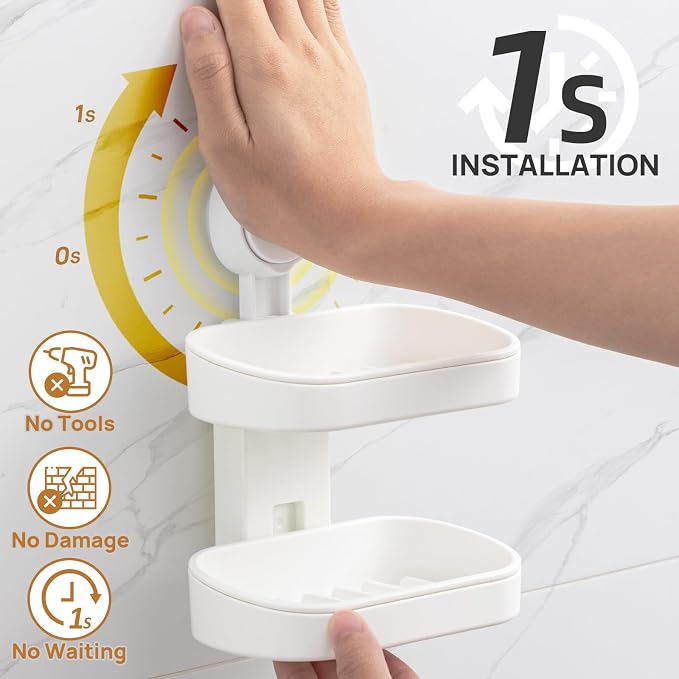LEVERLOC Soap Holder, Soap Dish for Shower, Suction Cup Bar Soap Holder | 2 Layer Soap Bar Holder for Shower, Wall Mounted Self Draining, NO Drill Sponge Holder for Bathroom, Bathtub Kitchen Sink