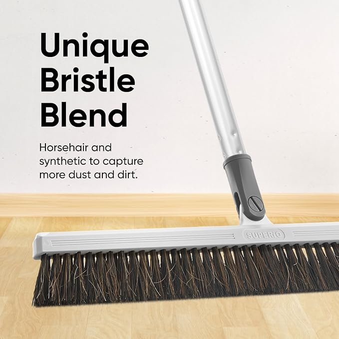 Slim Upright Horsehair Broom 18" – Narrow Thin Dust Broom for Hardwood Floors, Soft Bristles for Dog Hair – Swivel Head with 48" 3-Part Handle – Home & Kitchen Use