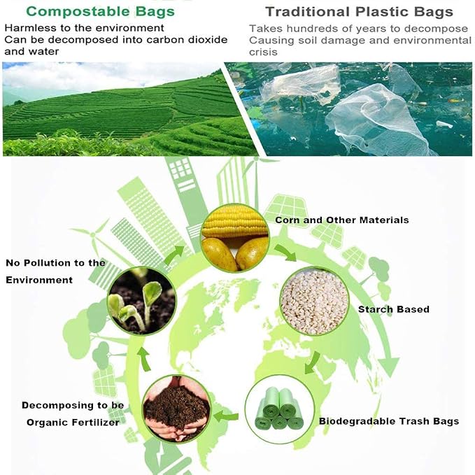 2 Gallon Compostable Trash Bags 100 Count | Green Biodegradable Garbage Bags 7.5 Liters Wastebasket Trash Liners for Bathroom Office Bedroom