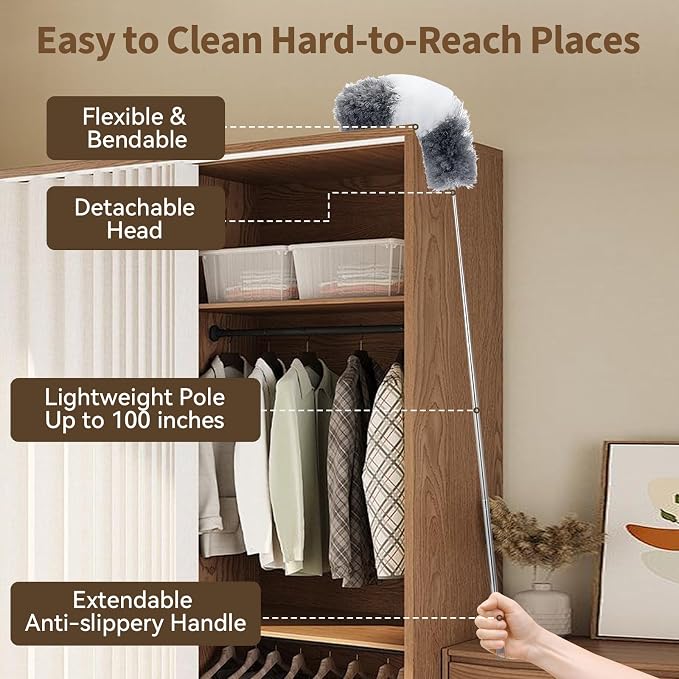 HAMEINY Microfiber Feather Duster for Cleaning 5-in-1 Kit 100" Extendable | Furniture Dusters with Extension Pole 100 Inches High Ceiling Fan Dusters Cobweb Duster for Car Wall Blinds Cleaning Dusting