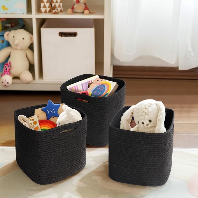11x11x11 Cube Storage Bin - 3 Pack Woven Storage Cubes Organizer, 11 Inch Black Cotton Rope Baskets for Organizing, Square Baskets for Shelves, Nursery Closet Bins, Cubby Toy Box Organizer
