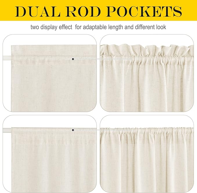NICETOWN Natural Linen French Door Curtains 40 inches Long for Kitchen | Light Filtering, Rod Pocket with Tieback, Farmhouse French Door Shade for Front Back Window Cover, 1 Panel, Off White