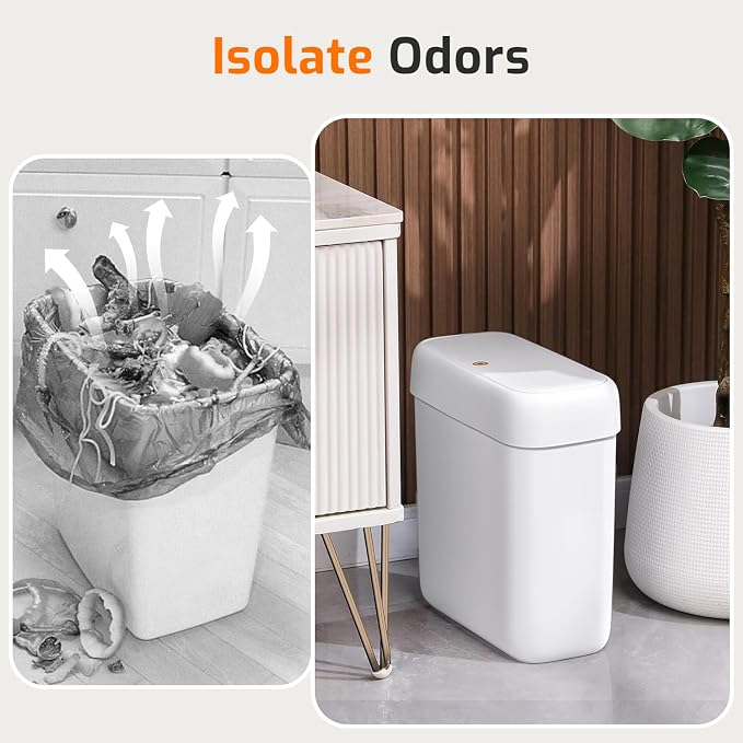 Small Bathroom Trash Can with Lid, 3.2 Gallon Garbage Can with Pop-Up Lid | Press Top Lid, Dog Proof, Slim for Small Space, Premium Plastic, Easy to Use Waste Basket for Room, Office, Toilet, Rv, White