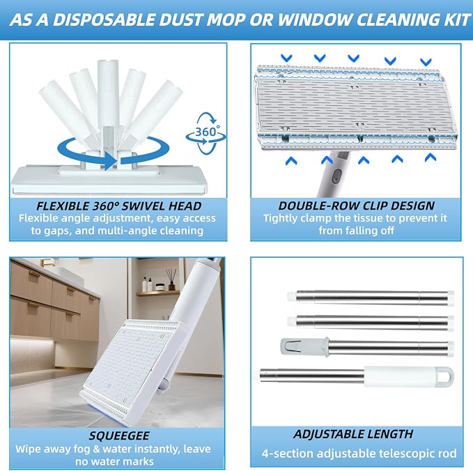 4 in 1 Snap Grip Mini Mop with Squeegee, Floor Scrub Brush with Long Handle | Click Mop, 2 Shiny Towels Wipes Cleaning Cloths, 2 Crevice Brush, Snap Grip Mop for Windows Car Glass Floor Shower Bathroom