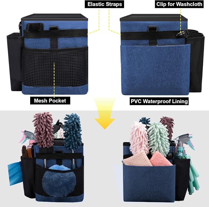 Wearable Large Cleaning Caddy Bag for Housekeepers (Blue) | Cleaning Supplies Organizer with Adjustable Shoulder, Waist & Handle Straps, Detailing Bag for Kitchen Supplies