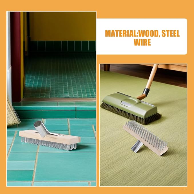 Kisangel Heavy Duty Wire Deck Brush for Efficient Oil Stain Removal and Moss Cleaning with Steel Wire Bristles 2pcs and Wood Handle on Outdoor Surfaces Like Garages and Patios