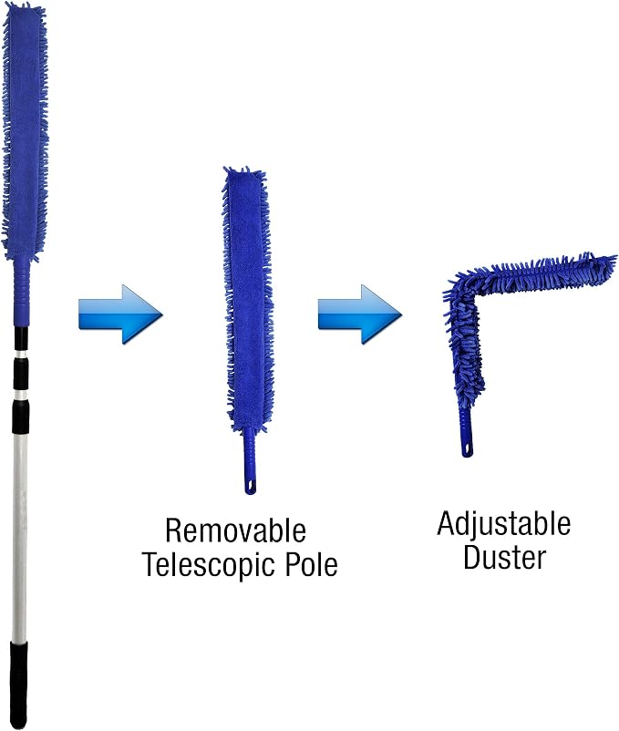 CleanAide Handheld Reusable Microfiber Flex Duster with Adjustable Telescopic Reach Pole – Bendable, Lightweight, Dust Cleaner for Blinds, Shutters, Radiators, Electronics, Glass, Hard-to-Reach Areas
