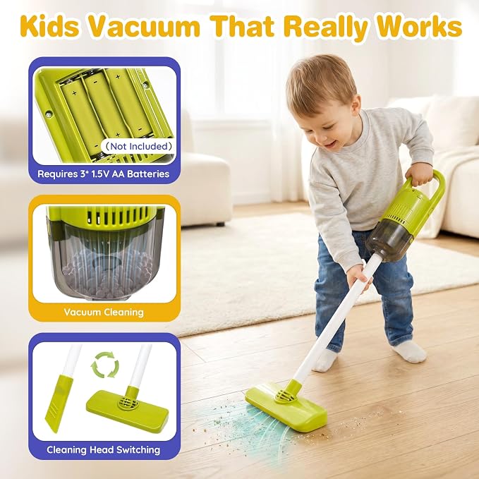 Dreamon Toddler Cleaning Set - 14Pcs Kids Cleaning Toy Set with Kids Vacuum | Blue Pretend Home Cleaning Play Set for Toddler Age 3-7, Toddler Vacuum Toy that Works,Christmas Birthday Gift for Girls Boys