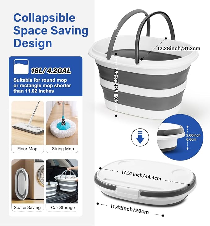 Collapsible Bucket, Upgraded 16L (4.2 Gallon) Collapsible Mop Bucket with Multi-Functional Lid, Foldable Portable Bucket Camping Beach Sand Pool Boat Fishing-Water Pot Pail-Space Saving Square