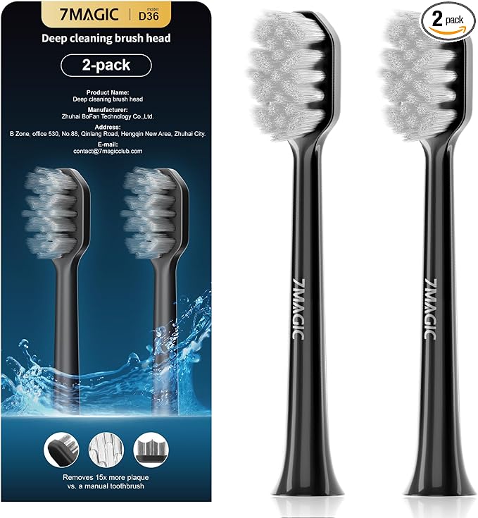 7MAGIC Model D36 Electric Toothbrush Replacement Brush Heads for Deep Cleaning, Durable and Effective, 2-Pack (Black)