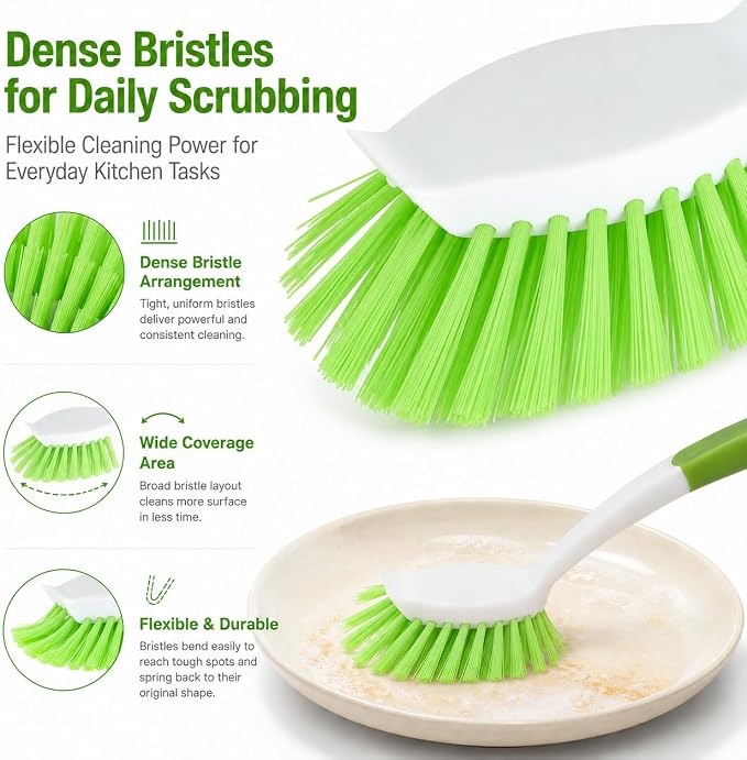 2-Pack Dish Brush with Long Handle | Dish Scrubber with Stiff Bristles for Kitchen, Sink, Pots, Pans