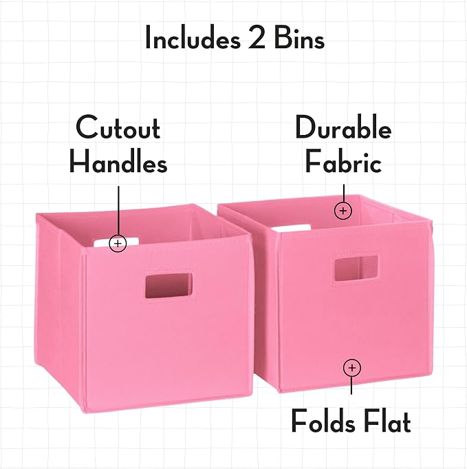 RiverRidge Folding Storage Bins - 2-pack of 10in Tall Pink Cubes | Fabric Bins, Set of 2 Storage Cubes, Cut-out Handles, Playroom Closet Organizer, Collapsible Cubby with Bottom Board Insert