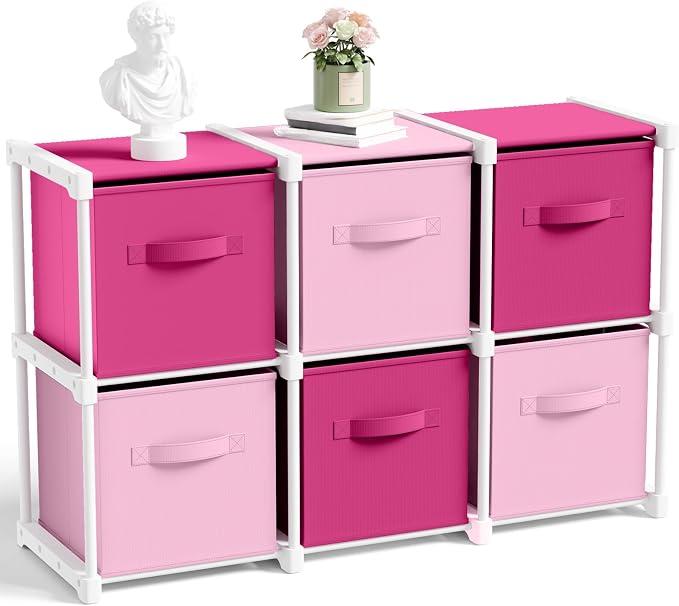 Briwooody 6 Cube Storage Organizer Bins with Shelf, Pink,Rose | 11x11'', Storage Organizer, Toy Storage Box, Back to School, Dorm Organizer, Fabric Drawers, Playroom Bedroom Storage Cabinet