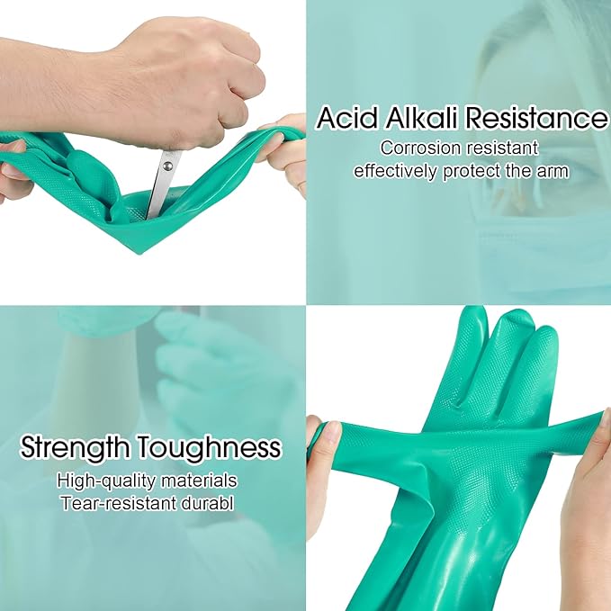 Potchen 10 Pairs Chemical Resistant Gloves 15 Mil Nitrile Gloves,Large | Reusable Green Rubber Gloves for Cleaning, Resist Household Acid, Alkali And Oil,long Cuff Arm Protection, Dishwashing