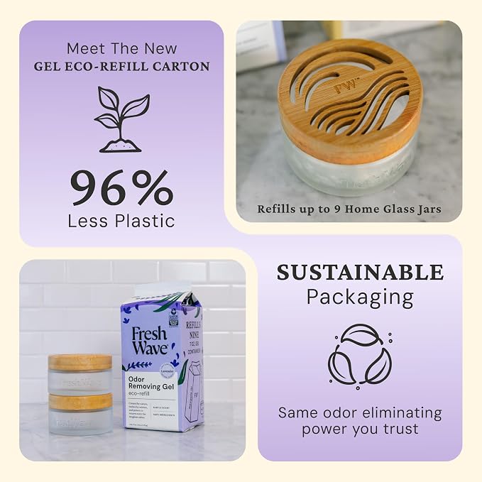 Fresh Wave Odor Removing Gel 2-Pack Glass Jar & 63oz Refill, Lavender | Refills 7oz gel up to 9 times or 15oz up to 4 times. Gel odor eliminator for bathroom, closet, or garage. No plug-in.