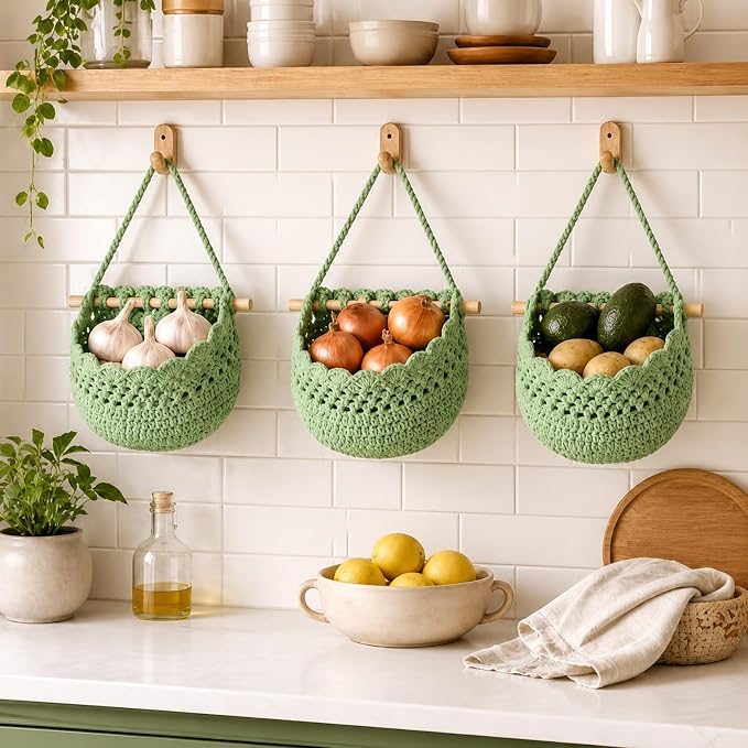 3 Hanging Baskets,Sage Green,Lace,Cotton Rope | Wicker Wall Baskets with Hooks for Fruit Vegetable Onion Storage, Teardrop Organizer for Kitchen, Boho Farmhouse Decor