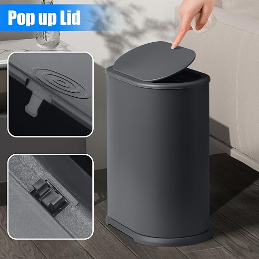 Anzoymx Stainless Steel Bathroom Trash Cans with Lids, 1.8 Gallons, Grey | Small Garbage Can with Pop up Lid Dog Proof Narrow Wastebasket Slim Bins Set for Bedroom, Living Room, Toilet, Office, Rv