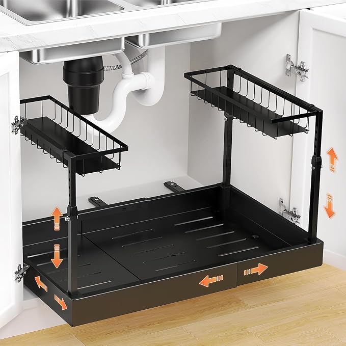 Under Sink Organizer, 2-Tier Slide Out kitchen Storage Metal Shelf, Black | 16.7″ To 29.1″ Pull Out Kitchen Storage Cabinet Organizer, Or Bathroom Laundry Kitchen Storage, Multi-Use Bathroom Storage