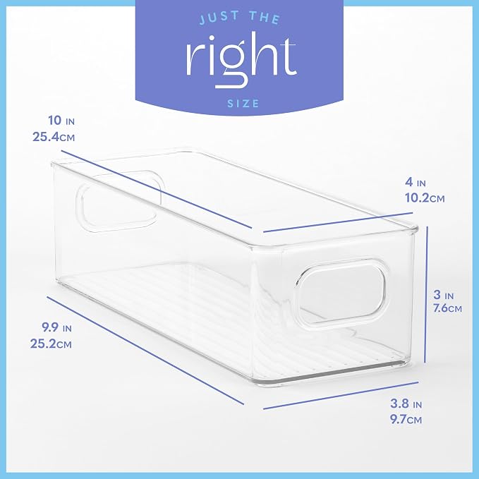 Plastic Food Storage 4 Pack Clear Container Bin with Handles for Organizing Kitchen, Pantry, Fridge, Freezer, Pantry,Bathroom. 10"x4"3"