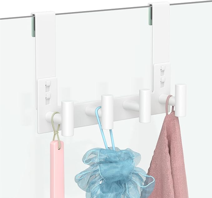 PMMASTO White Extra-Long Shower Door Hanger, 4 T-Hooks, Fits 3/8-Inch Glass | Extra-Long Heavy-Duty Stainless Steel, 4 T-Shaped Hooks, for Bathrobes and Towels on Frameless Glass Shower Doors