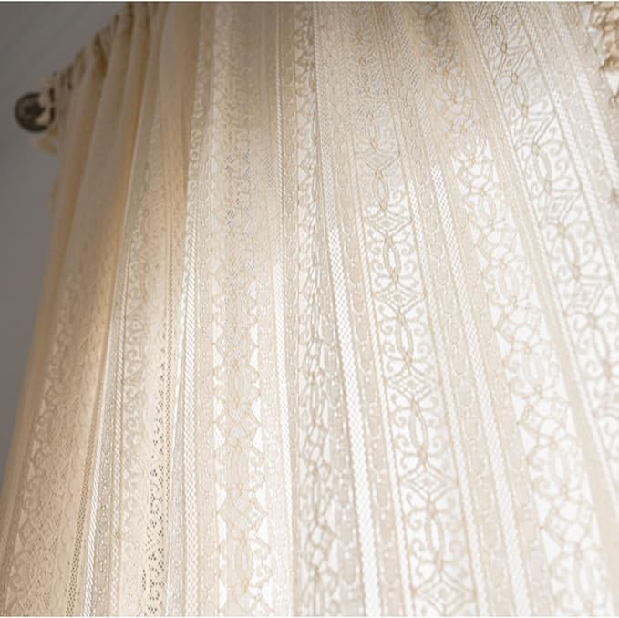 Sutuo Home Boho Curtain Crochet Lace Semi-Sheer Florals Hollow Knitted Handmade Tassels, Rod Pocket Window Treatment Vintage Rustic Farmhouse Drapes for Living Bedroom, 1 Panel 59" W x 63" L, Beige