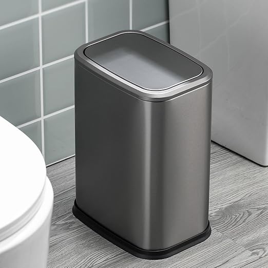 2 Gallon Small Office Bathroom Trash Can with Swing Lid, Living Room Bedroom Garbage can Wastebasket bin, Inner Bucket, Metal Decor Trash Can (Sliver Color)