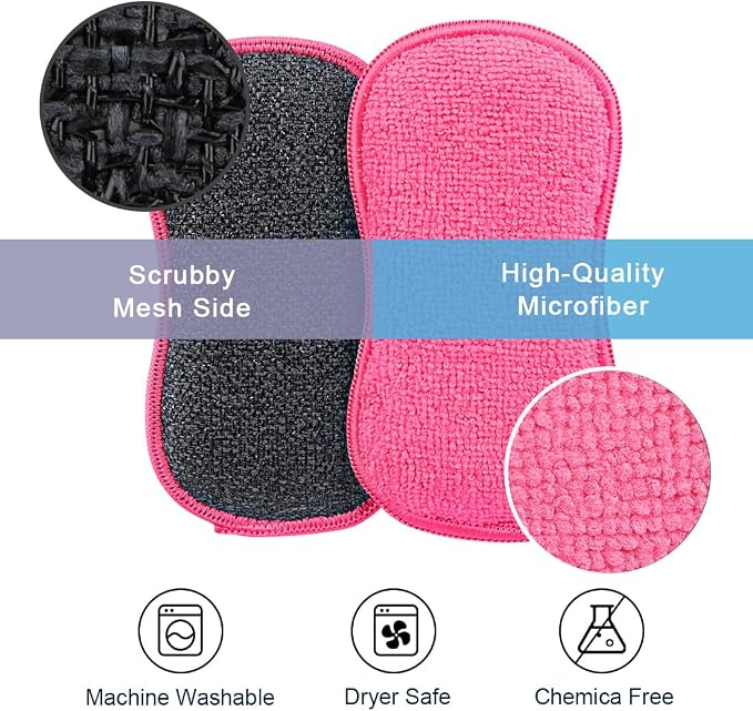 HOMEXCEL Dish Sponge 12 PK, Microfiber Kitchen Sponges for Cleaning, Pink | Non Scratch Microfiber Sponges for Washing Dishes, Double-Sided Scrub Sponge for Pots, Pans, Glass