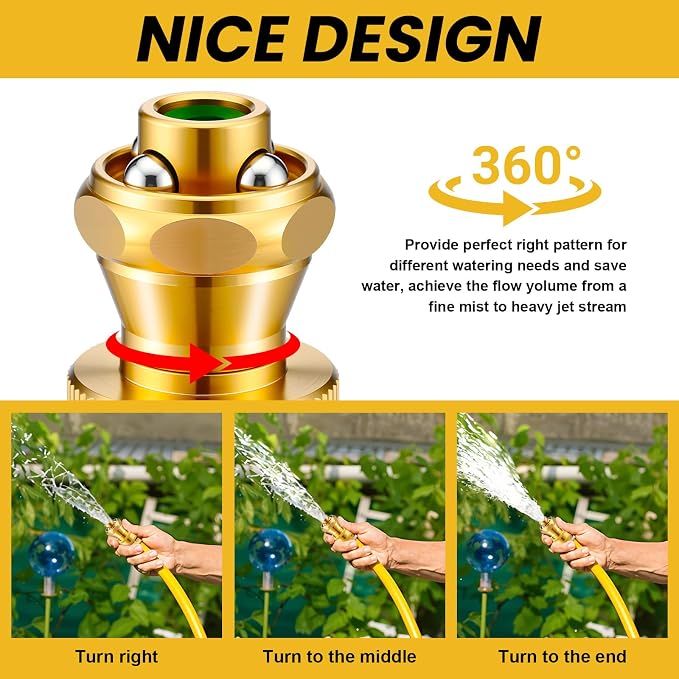 Hotop 9 Pack Big Shot Brass Hose Nozzle Adjustable Twist,3/4 Inch | Threaded Connector for Garden Hose, Heavy Duty Metal, Adjustable Spray Patterns, Leak Proof Seal, For Lawn Yard Watering