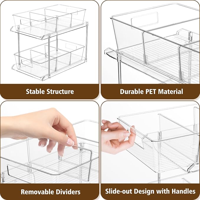 Fabspace Bathroom Under Sink Organizers and Storage, 2 Tier, 1 Pack | Clear Vanity Countertop Pull-out Cabinet Organizer, Stackable Multi-Purpose Kitchen Pantry Organization with Dividers