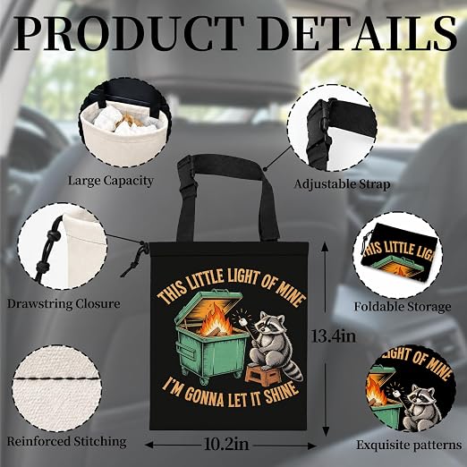 Funny Raccoon Dumpster Fire Car Garbage Bag Canvas Trash Can | Sarcastic Animal Drawstring Car Trash Bag Hanging for Back Seat with Adjustable Buckle