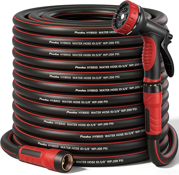 Garden Hose 75ft x 5/8", NON-EXPANDABLE Heavy Duty Hose with Nozzle | 10 Function Spray Nozzle, No Kink, Leakproof, Lightweight Hybrid Hose with Swivel Handle, Male to Female Fittings