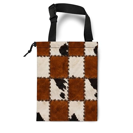Rustic Western Cowhide Car Trash Bag Hanging for Back Seat | Vintage Farmhouse Cow Print Canvas Drawstring Car Garbage Bag with Adjustable Buckle Vehicle Trash Can