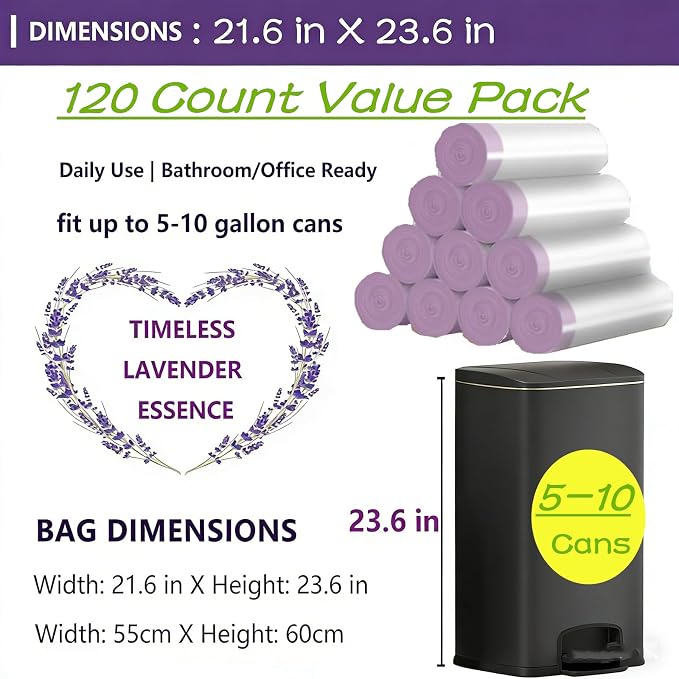 8 Gallon Trash Bags Drawstring, 120 Count Lavender Scented Leak Proof Medium Garbage Bags, 8 Gal Bin Bags Odor Control & Tear Resistant Can Liners for Kitchen Bathroom Bedroom Office