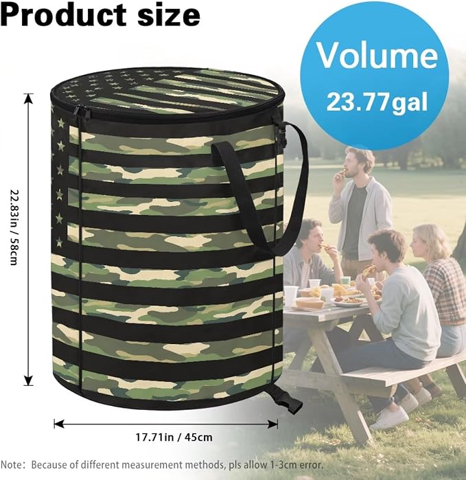 24Gal American Flag Collapsible Trash Can Camo Waterproof Pop-Up Bin w/Lid for Camping & Backyard | Leakproof Yard Waste Bag (Patriotic Decor)