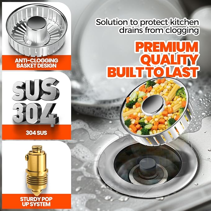 Kitchen Sink Drain Strainer & Sink Stopper, Upgraded 3 in 1 Stainless Steel Drain Plug Combo with Anti-Clog Basket, Pop Up Drain Cover for Standard 3-1/2'', Fits Double Bowl Kitchen Sinks | Kitchen Sink Accessories Strainer Basket 2 Pack Stainless Stee...