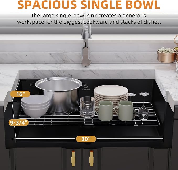 32-inch Granite Composite Kitchen Sink, GABETLET Undermount Quartz Kitchen Sinks with Spacious Workspace and Easy Cleaning, Black Single Bowl Deep Sink with Complete Accessories