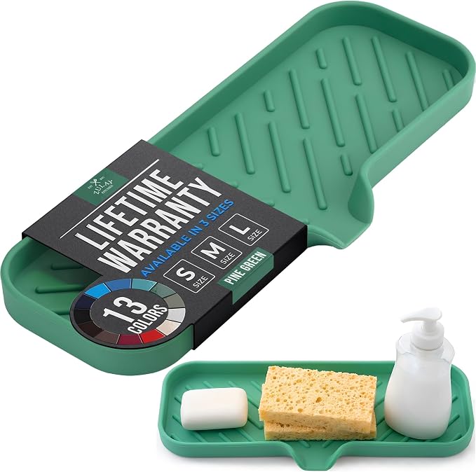 Zulay Kitchen Large Silicone Sponge Holder (12x4) – Flexible Sink Organizer Tray for Kitchen & Bathroom – Multipurpose Soap Dish for Sponges, Makeup, Trinkets & More (Pine Green)
