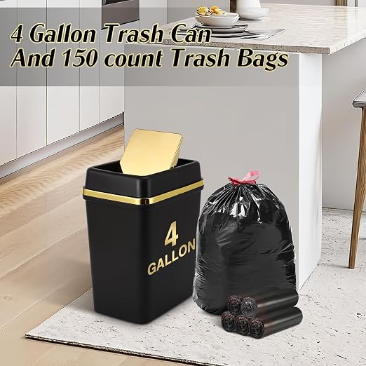 Bathroom Trash Can with Lid 4 Gallon Trash Can with Swing Lid Small Garbage Can Black Bathroom Trash Can with 150 Counts Trash Bags for Kitchen Bedroom Office Dorm