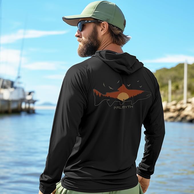 Palmyth Men's Fishing Hoodie UPF 50+ Long Sleeve with Face Mask Neck Gaiter | Zipper Pocket, Thumb Loops, Quick-Dry, Side Mesh Panels, Lens Cleaning Cloth