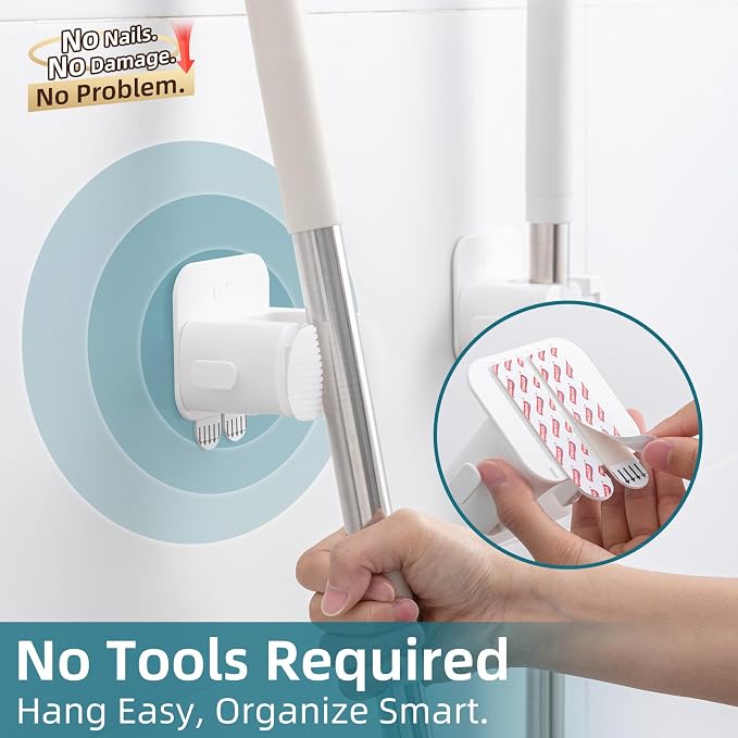TAILI Mop and Broom Holder Wall Mount Grippers, 3 Hangers and 8 Adhesive Strips, Damage Free Hanging Wall Mount, Household Cleaning Organizer for Organization and Storage, Holds up to 4 lbs, White