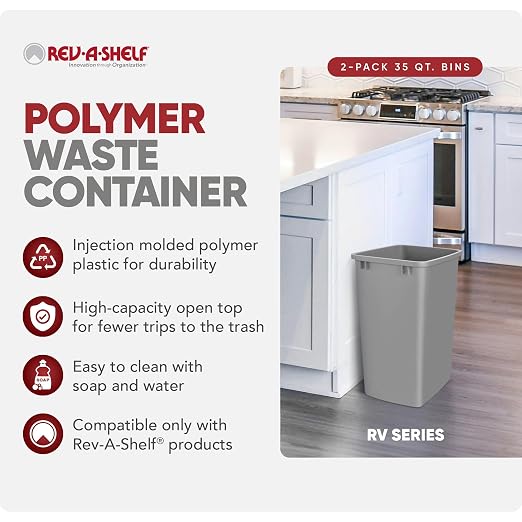 Rev-A-Shelf Double Pullout Garbage Trash Cans for Kitchen Cabinets, 35 Qt | Replacement Large Capacity Waste/ Recycling Bins for Kitchen Cabinet Pullouts, Silver, RV-35-17-2